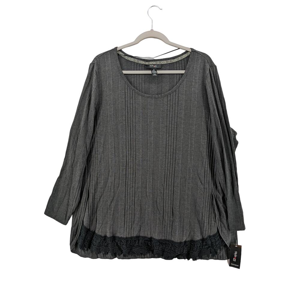 Style & Co Blouse 2X Gray Lace Trim‎ Hi Low Plus Long Sleeves Side Slit Crochet